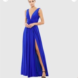 Mac Duggal Royal Blue Jersey Plunge Neck Evening Gown 26578 | Size 10